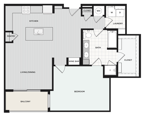 Floor plan for 1 bed, 1 bath, 1039 sqft
